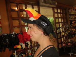 My friend Laura models the popular Toucan Hat