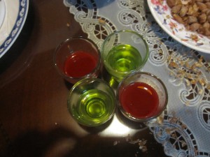 The final concoction: Blood (red) and Bile (green) mixed with 120 proof liquor.